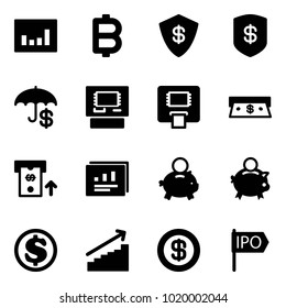 Solid vector icon set - statistics vector, bitcoin, safe, insurance, atm, cash, report, piggy bank, dollar, growth, ipo