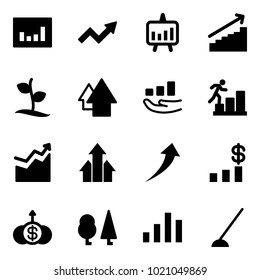 Solid vector icon set - statistics vector, growth arrow, presentation chart, sproute, up, career, arrows, dollar, forest, hoe