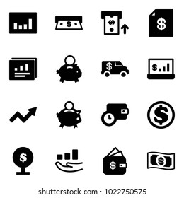 Solid vector icon set - statistics vector, cash, atm, account statement, report, piggy bank, encashment car, growth arrow, wallet time, dollar, money tree, finance management