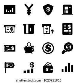 Solid vector icon set - statistics vector, yen, safe, atm, receipt, account statement, check, piggy bank, dollar, search money, ipo, chart, finance management