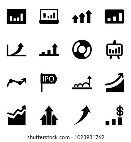Solid vector icon set - statistics vector, account, arrows up, growth arrow, circle chart, presentation, point, ipo, rise, dollar