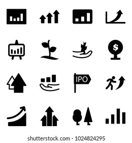 Solid vector icon set - statistics vector, arrows up, growth arrow, presentation chart, sproute, hand, money tree, ipo, career, rise, forest
