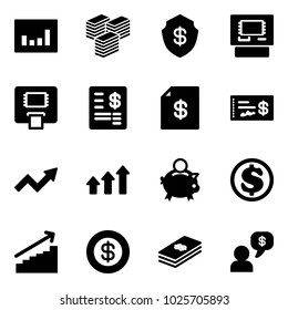 Solid vector icon set - statistics vector, big cash, safe, atm, account statement, check, growth arrow, arrows up, piggy bank, dollar, money dialog