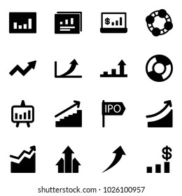 Solid vector icon set - statistics vector, report, account, friends, growth arrow, circle chart, presentation, ipo, rise, arrows up, dollar