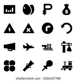 Solid vector icon set - statistics vector, eggs, ruble, money bag, intersection road sign, railway, only right, undo, loudspeaker, plane, pool, ship bell, atom core, dowel, oiler, toy train