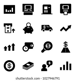 Solid vector icon set - statistics vector, atm, piggy bank, encashment car, growth arrow, arrows up, wallet time, search money, dollar, dialog, chart