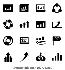 Solid vector icon set - statistics vector, report, account, social, friends, arrows up, growth arrow, circle chart, monitor, ipo, dollar
