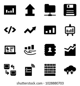 Solid vector icon set - statistics vector, uplooad, network folder, save, tag code, growth arrow, presentation chart, monitor, contact book, data exchange, server wireless, binary, cloud