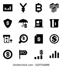 Solid vector icon set - statistics vector, yen, bitcoin, big cash, safe, insurance, atm, money search, account statement, dollar, ipo, chart