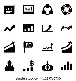 Solid vector icon set - statistics report vector, account, social, friends, growth arrow, chart point, ipo, rise, arrows up, dollar