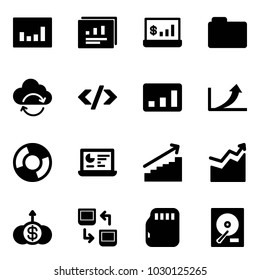 Solid vector icon set - statistics vector, report, account, folder, refresh cloud, tag code, growth arrow, circle chart, monitor, dollar, data exchange, micro flash card, hdd