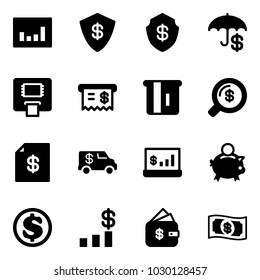 Solid vector icon set - statistics vector, safe, insurance, atm, receipt, money search, account statement, encashment car, piggy bank, dollar, chart, finance management