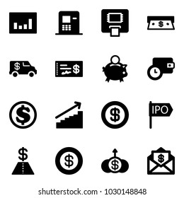 Solid vector icon set - statistics vector, atm, cash, encashment car, check, piggy bank, wallet time, dollar, growth, ipo, mail