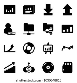 Solid vector icon set - statistics vector, report, download, uplooad, user password, network folder, shared, growth arrow, circle chart, presentation, point, dollar, cd, micro flash card