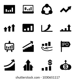Solid vector icon set - statistics vector, account, social, growth arrow, arrows up, presentation chart, ipo, rise, dollar