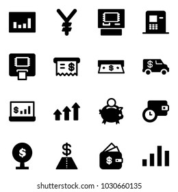 Solid vector icon set - statistics vector, yen, atm, receipt, cash, encashment car, account, arrows up, piggy bank, wallet time, money tree, dollar, finance management, chart