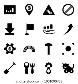 Solid vector icon set - statistics vector, dollar pin, multi lane traffic road sign, no limit, download, flag, growth, money managemet, rainbow, hammer, record button, shovel, fork toy, beanbag, cat