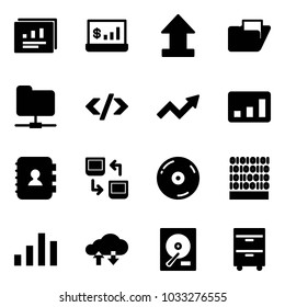 Solid vector icon set - statistics report vector, account, uplooad, folder, network, tag code, growth arrow, contact book, data exchange, cd, binary, chart, cloud, hdd, tool cabinet