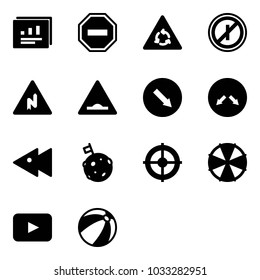 Solid vector icon set - statistics report vector, no way road sign, round motion, parkin odd, abrupt turn right, artificial unevenness, detour, fast backward, moon flag, target, parasol, playback