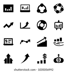 Solid vector icon set - statistics vector, account, social, friends, growth arrow, circle chart, presentation, monitor, point, arrows up, dollar