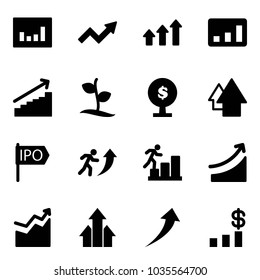 Solid vector icon set - statistics vector, growth arrow, arrows up, sproute, money tree, ipo, career, rise, dollar chart