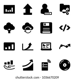 Solid vector icon set - statistics vector, uplooad, user password, shared folder, upload cloud, refresh, save, tag code, growth arrow, monitor, chart point, rise, server wireless, cd