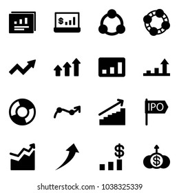 Solid vector icon set - statistics report vector, account, social, friends, growth arrow, arrows up, circle chart, point, ipo, dollar