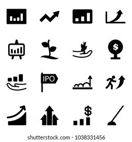 Solid vector icon set - statistics vector, growth arrow, presentation chart, sproute, hand, money tree, ipo, career, rise, arrows up, dollar, hoe