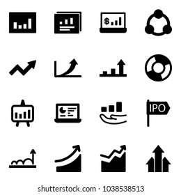 Solid vector icon set - statistics vector, report, account, social, growth arrow, circle chart, presentation, monitor, ipo, rise, arrows up