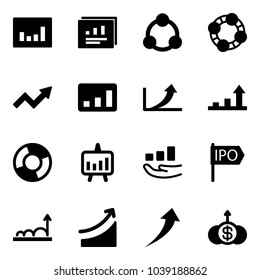 Solid vector icon set - statistics vector, report, social, friends, growth arrow, circle chart, presentation, ipo, rise, dollar