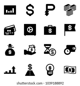 Solid vector icon set - statistics vector, dollar, ruble, big cash, credit card, safe, money case, flag, bag, investment, account history, wallet time, growth arrow, business idea