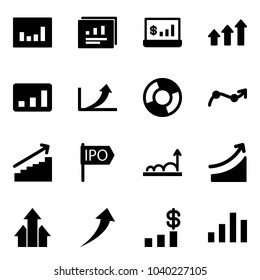 Solid vector icon set - statistics vector, report, account, arrows up, growth arrow, circle chart, point, ipo, rise, dollar