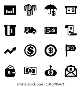 Solid vector icon set - statistics vector, big cash, insurance, receipt, atm, encashment car, check, account history, growth arrow, dollar, ipo, finance management, money, mail