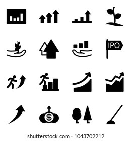 Solid vector icon set - statistics vector, arrows up, growth arrow, sproute, hand, ipo, career, rise, dollar, forest, hoe