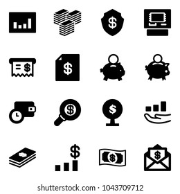 Solid vector icon set - statistics vector, big cash, safe, atm, receipt, account statement, piggy bank, wallet time, search money, tree, growth, dollar, chart, mail