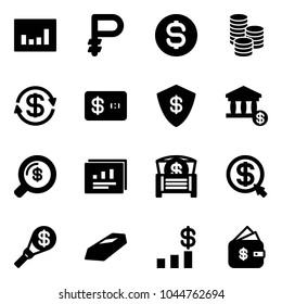 Solid vector icon set - statistics vector, ruble, dollar coin, exchange, credit card, safe, account, money search, report, chest, click, torch, gold, chart, finance management
