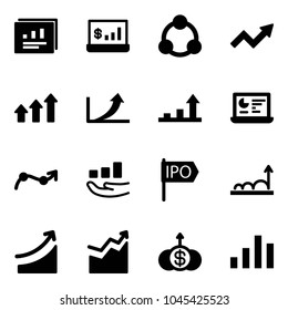 Solid vector icon set - statistics report vector, account, social, growth arrow, arrows up, monitor, chart point, ipo, rise, dollar
