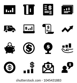 Solid Vector Icon Set - Statistics Vector, Atm, Account Statement, Report, Encashment Car, History, Growth Arrow, Piggy Bank, Dollar, Money Tree, Chart, Mail, Dialog