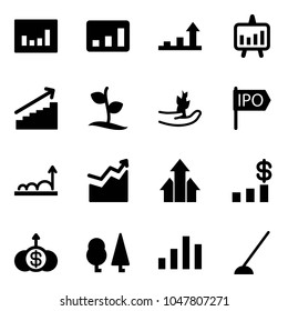 Solid vector icon set - statistics vector, growth arrow, presentation chart, sproute, hand, ipo, arrows up, dollar, forest, hoe