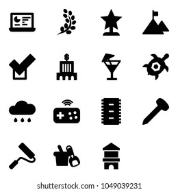 Solid vector icon set - statistics monitor vector, golden branch, award, mountain, check, bank building, drink, sea turtle, rain cloud, joystick wireless, chip, nail, paint roller, shovel bucket