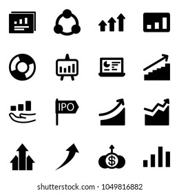 Solid vector icon set - statistics report vector, social, arrows up, circle chart, presentation, monitor, growth, ipo, rise, dollar
