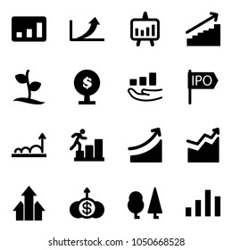 Solid vector icon set - statistics vector, growth arrow, presentation chart, sproute, money tree, ipo, career, rise, arrows up, dollar, forest