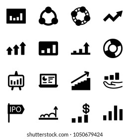Solid vector icon set - statistics vector, social, friends, growth arrow, arrows up, circle chart, presentation, monitor, ipo, dollar