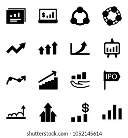 Solid vector icon set - statistics report vector, account, social, friends, growth arrow, arrows up, presentation chart, point, ipo, dollar