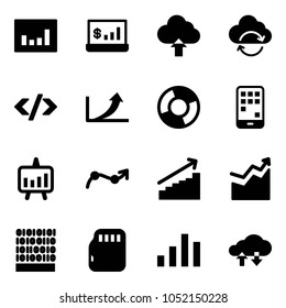 Solid vector icon set - statistics vector, account, upload cloud, refresh, tag code, growth arrow, circle chart, mobile, presentation, point, binary, micro flash card, exchange data
