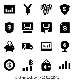 Solid vector icon set - statistics vector, yen, big cash, safe, atm, account statement, piggy bank, encashment car, money tree, dollar, chart, finance management