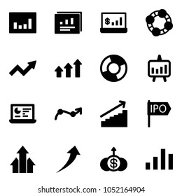 Solid vector icon set - statistics vector, report, account, friends, growth arrow, arrows up, circle chart, presentation, monitor, point, ipo, dollar