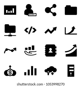 Solid vector icon set - statistics vector, user password, share, folder, network, tag code, growth arrow, chart point, contact book, rise, dollar, cloud exchange data, server