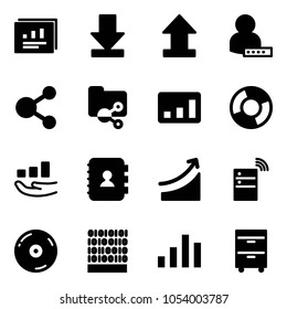 Solid vector icon set - statistics report vector, download, uplooad, user password, share, shared folder, circle chart, growth, contact book, rise, server wireless, cd, binary code, tool cabinet