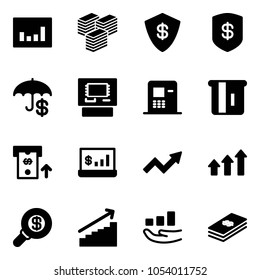 Solid vector icon set - statistics vector, big cash, safe, insurance, atm, account, growth arrow, arrows up, search money, dollar